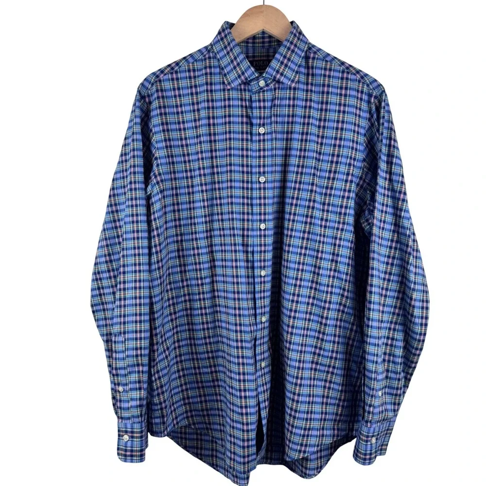 Polo Ralph Lauren Button Men Large Blue Multi Plaid Cotton Long Sleeve Shirt